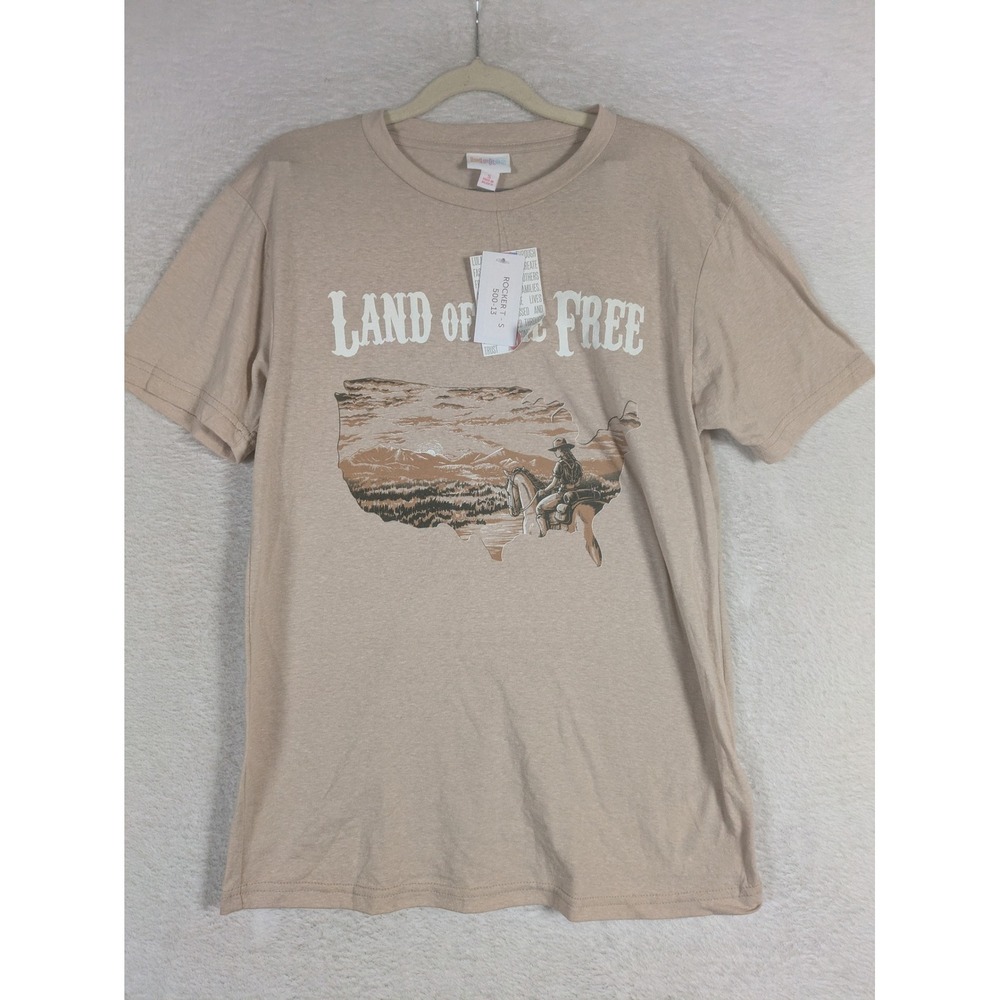 NEW LuLaRoe Rocker T-Shirt Women's S Tan Land of the Free Cowboy Western Graphic
